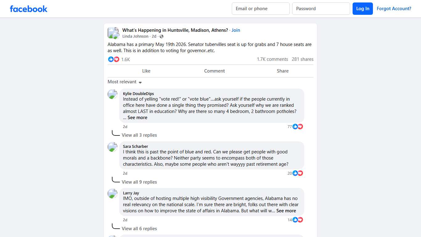 What's Happening in Huntsville, Madison, Athens? Alabama has a primary May 19th 2026 Facebook