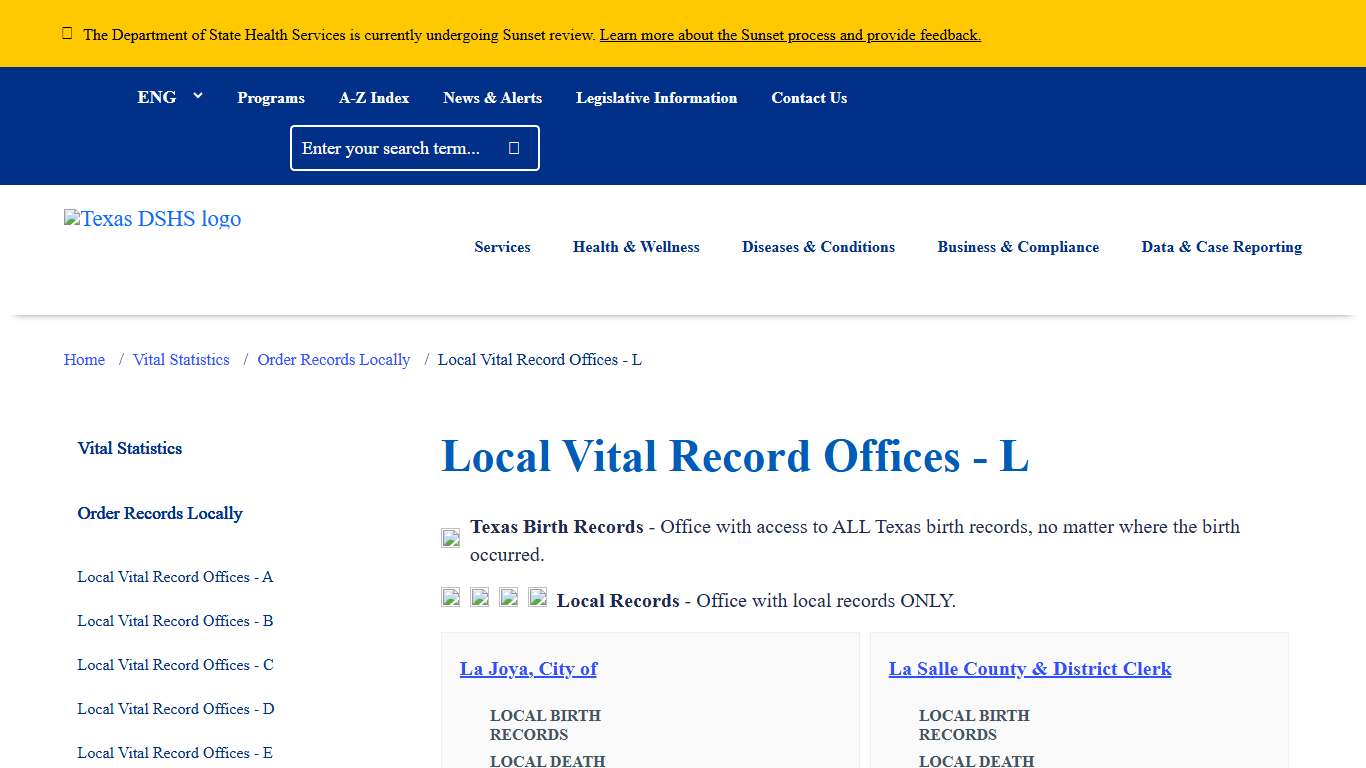 Local Vital Record Offices - L Texas DSHS